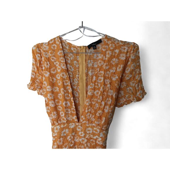 Lulus Floral Tie Back Mini Dress Yellow White V Neck Short Sleeve Size M - Picture 6 of 14